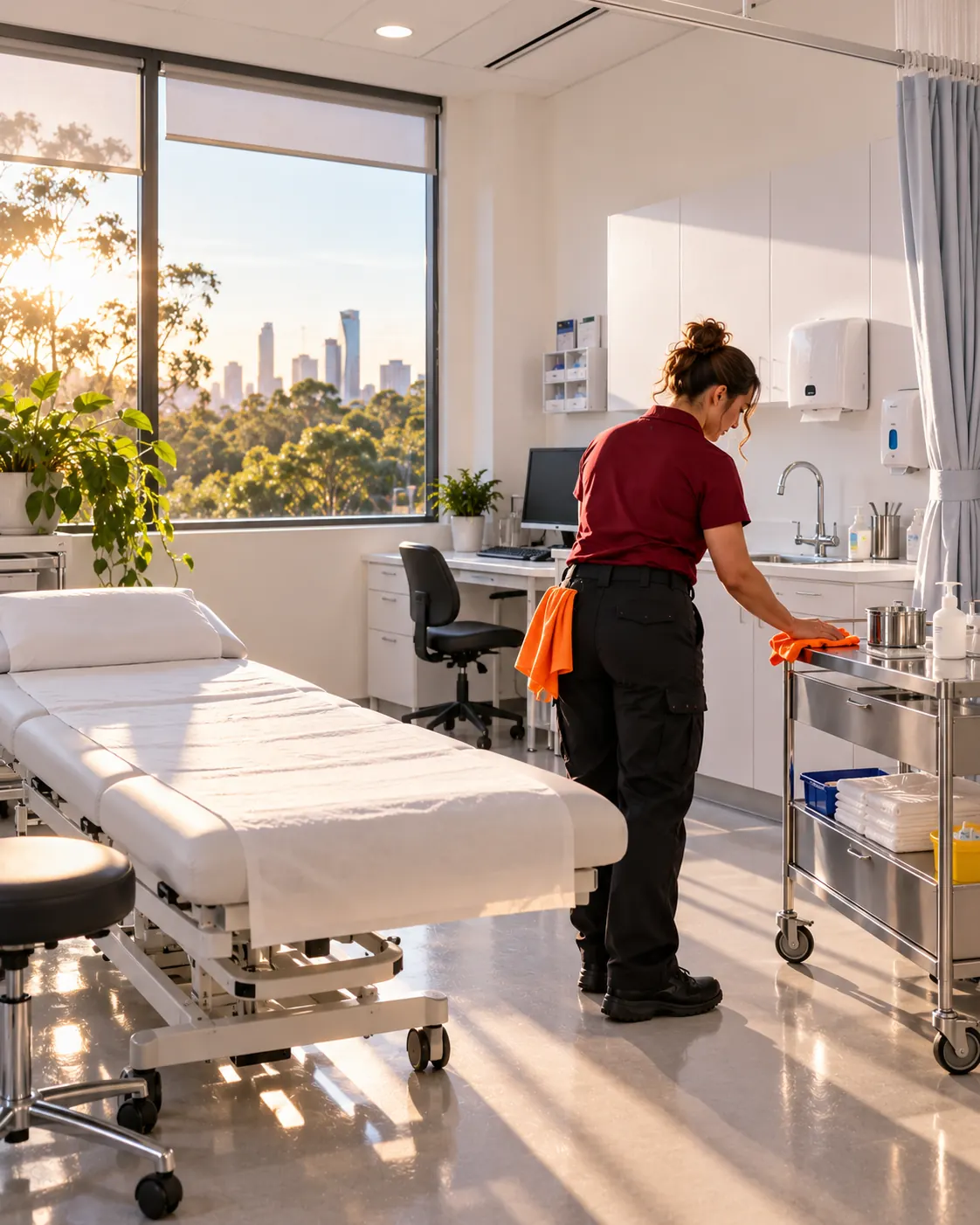 Cleaner wiping a medical trolley in a bright GP consult room