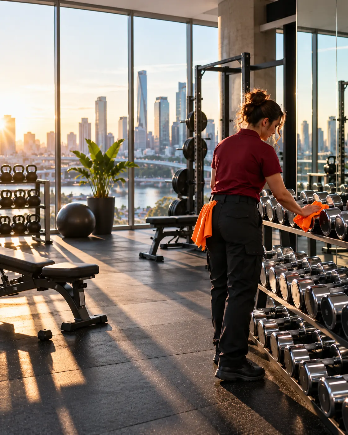 Cleaner wiping a dumbbell rack in a Brisbane gym