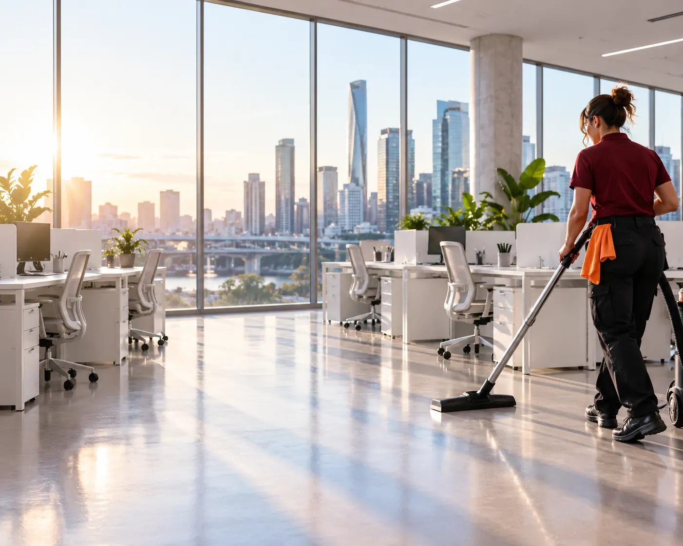 Cleaner vacuuming an open-plan Brisbane office at sunrise